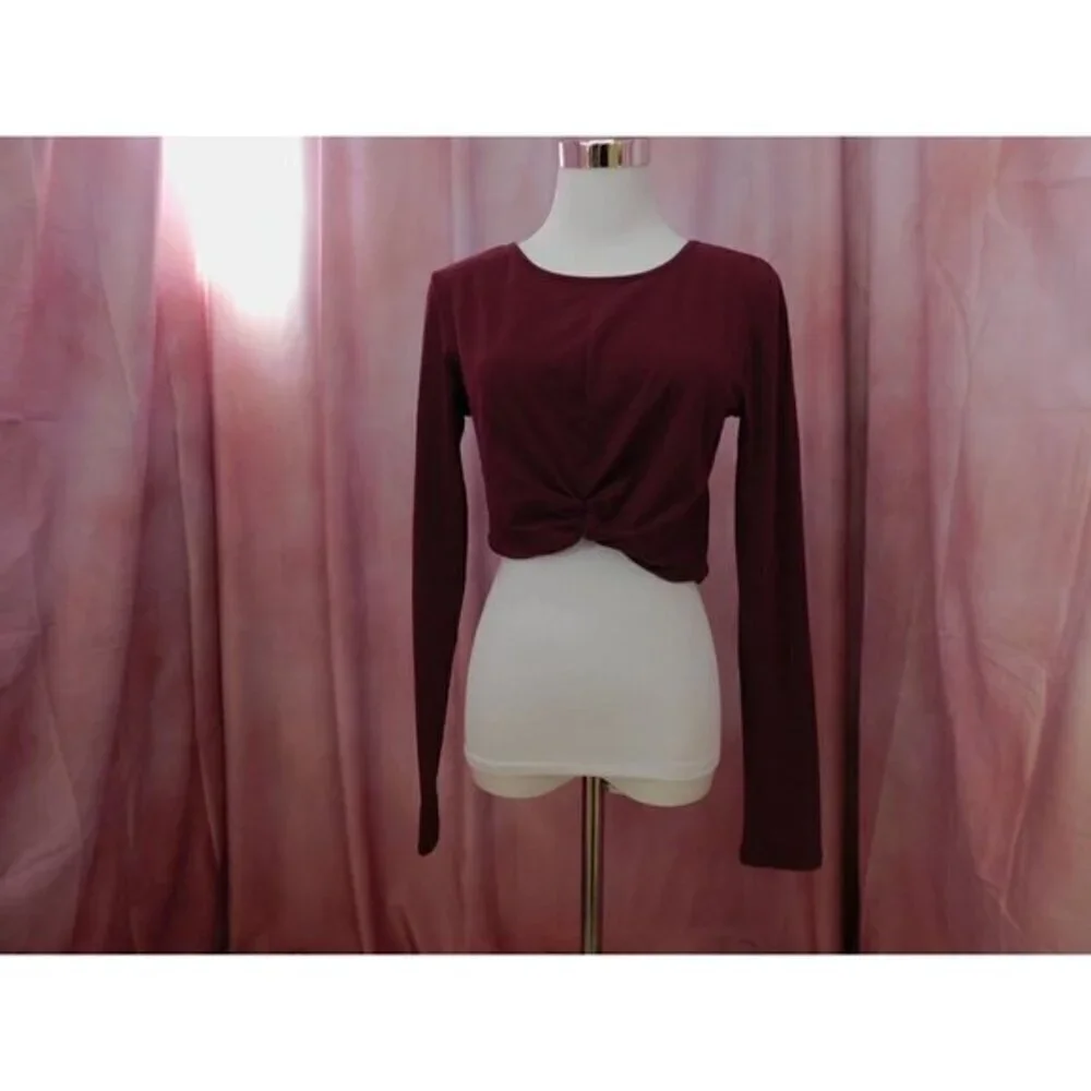 FOREVER 21 Long Sleeve Twist Crop Top Women L Burgundy Cotton Blend - Picture 1 of 8